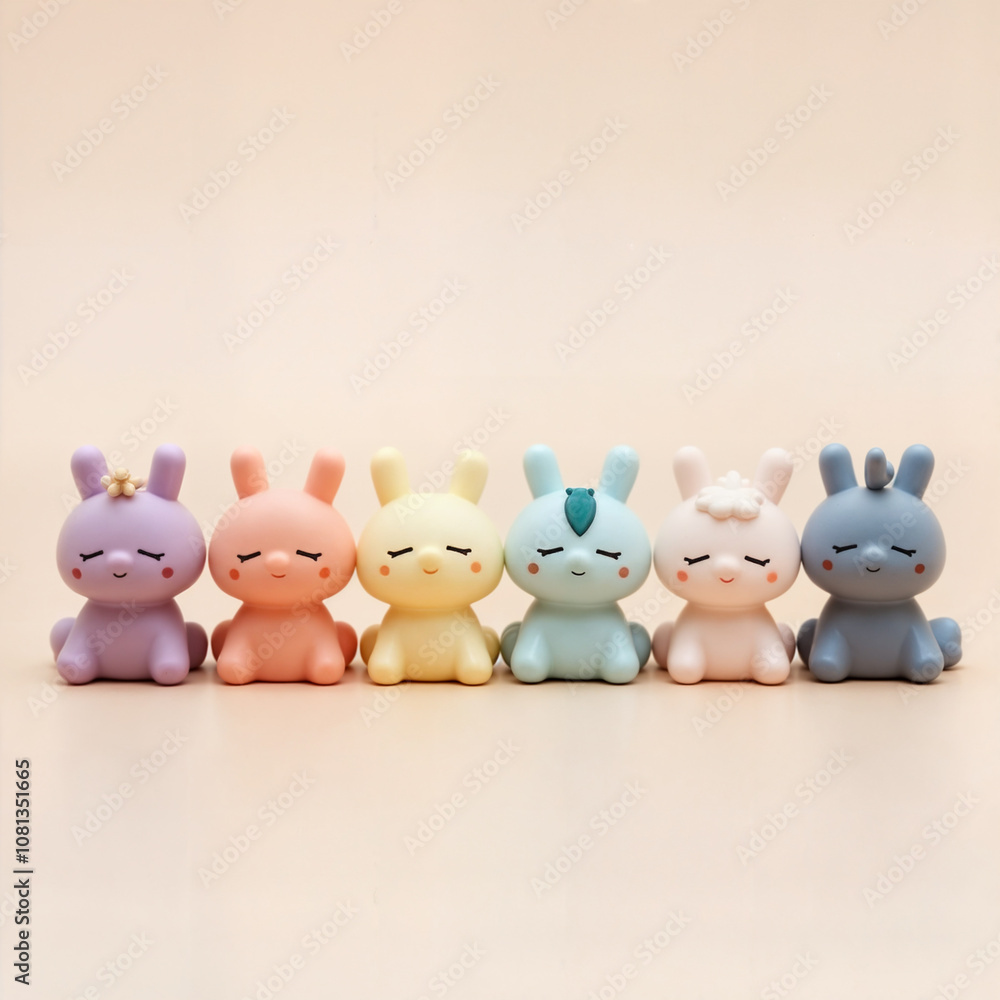 a collection of small toys, specifically a group of 12 pastel-colored bunnies. a collection of small toys, specifically a group of 12 pastel-colored bunnies.