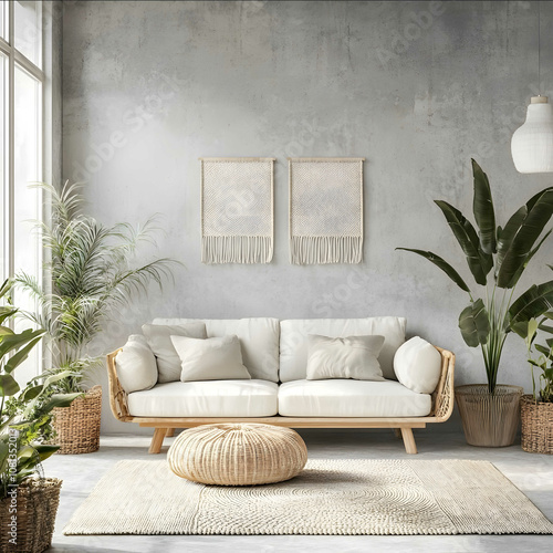 Minimalist modern living room with a soft neutral color palette featuring a light grey concrete wall Scandinavianstyle furniture a cozy white sofa with wooden legs indo photo