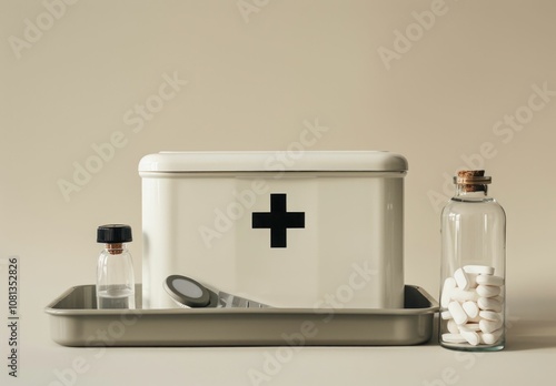 medicine, first aid kit, healthcare, medical supplies, education, drugs, pharmacy, treatment, safety, home remedy, wellness, bottle, container, organized, beige background, modern design, clean lines photo