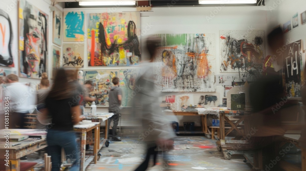 Blurry vision of a room filled with young artists each of them lost in their own creative process.