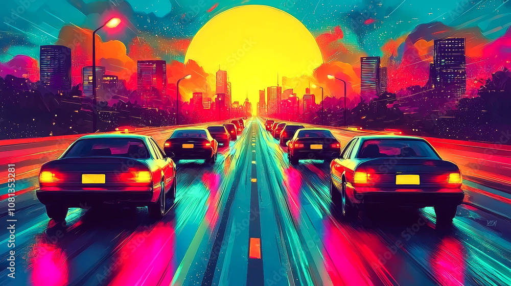 Cars driving on a highway under a sunset. Cars driving on a highway under a sunset.