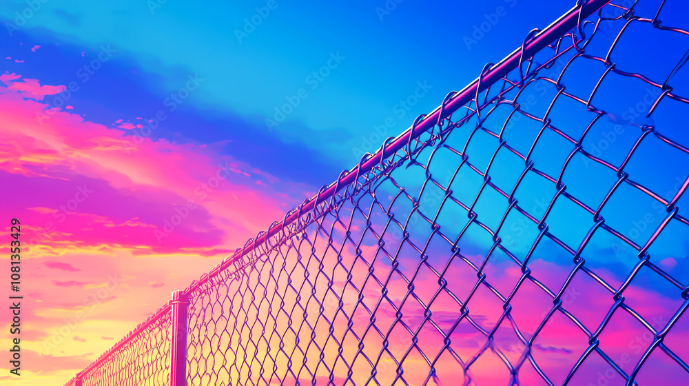 Chain link fence silhouetted against colorful sunset. Chain link fence silhouetted against colorful sunset.