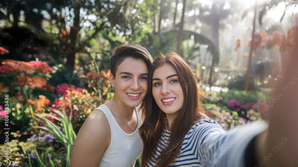 Two young women of mixed ethnicities smiling joyfully amidst a vibrant garden filled with colorful flowers and lush greenery. Two young women of mixed ethnicities smiling joyfully amidst a vibrant garden filled with colorful flowers and lush greenery.