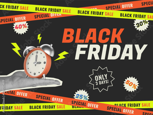 Black Friday Sale banner in trendy collage style with halftone hands holding alarm clock. Bright vector template for banner and social media