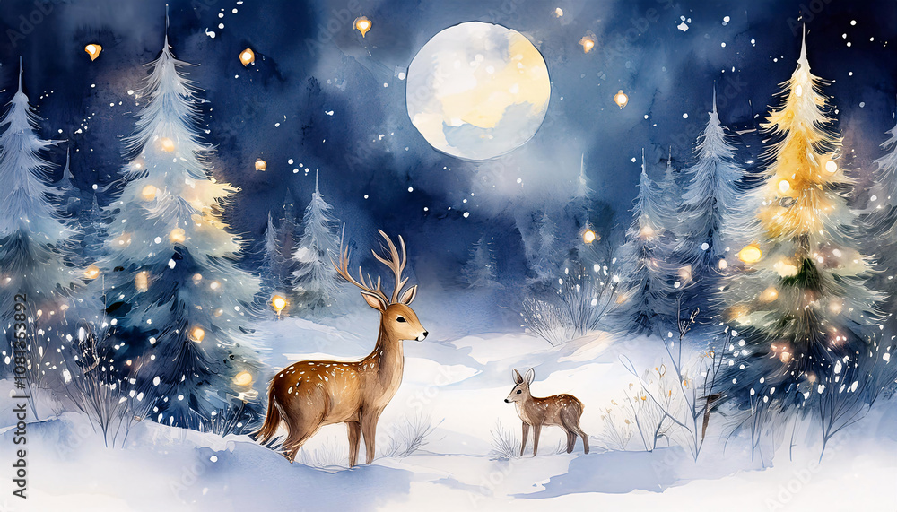 Obraz premium A watercolor painting of a deer and fawn in a snowy winter forest lit by the moon and fairy lights. Generative AI