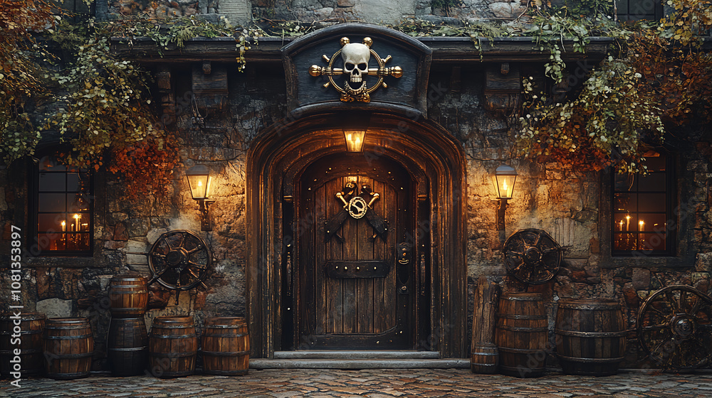 Fototapeta premium pirate, hideout, bar, entrance, exterior, cool, suspicious, atmosphere, friends, gathering, meal, Restaurant, Illustration, Art, Cartoon, Watercolor, Night, Street, City, Lights, Architecture, door, 