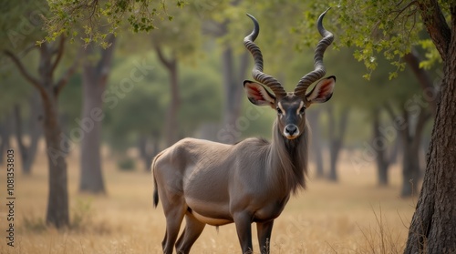 Majestic Kudu Bull With Spiraled Horns Feeding on Tree Foliage in a Serene Landscape. Generative AI