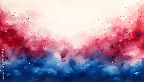 A vibrant watercolor design with red and blue splashes and stars, ideal for 4th of July or Memorial Day celebrations, featuring a blank space for text. photo