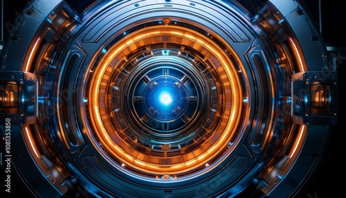 futuristic circular machine with orange and blue lights