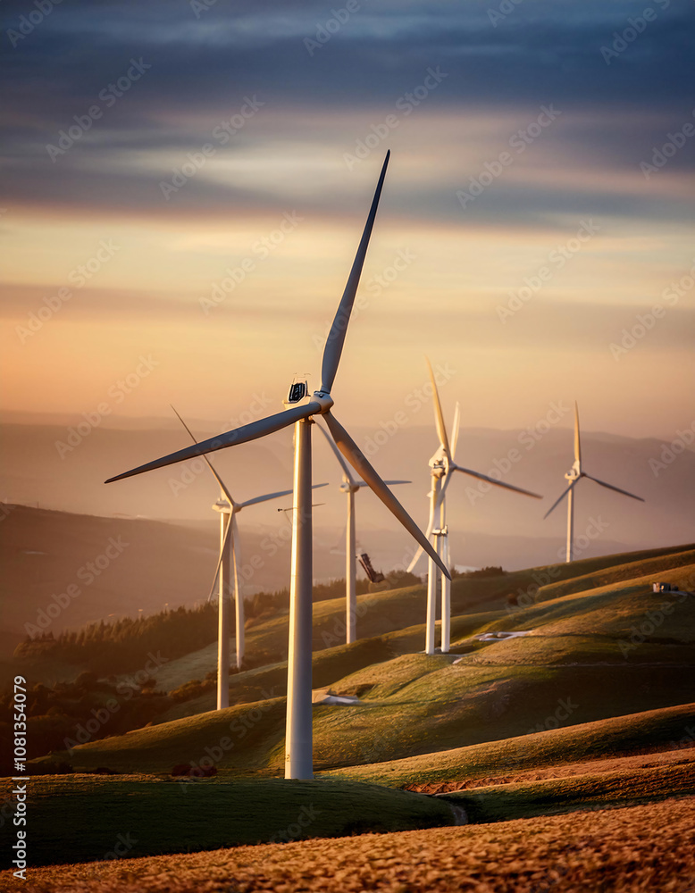 Obraz premium Wind turbines stand tall on a hilltop at sunrise, harnessing the power of the wind. Generative AI.