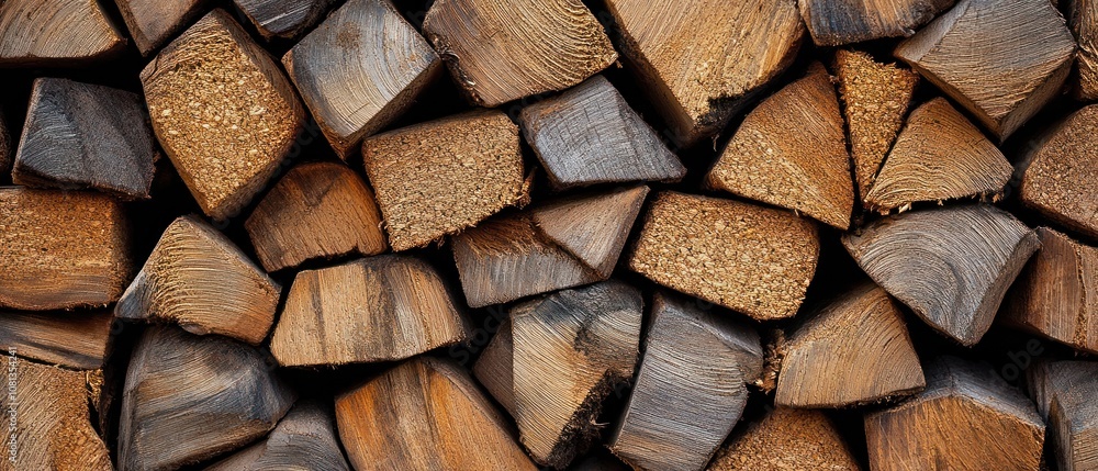 Fototapeta premium Stacked firewood pieces arranged neatly.
