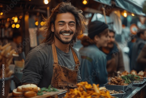 Group of friends laughing and enjoying street food at a food truck during a summer evening