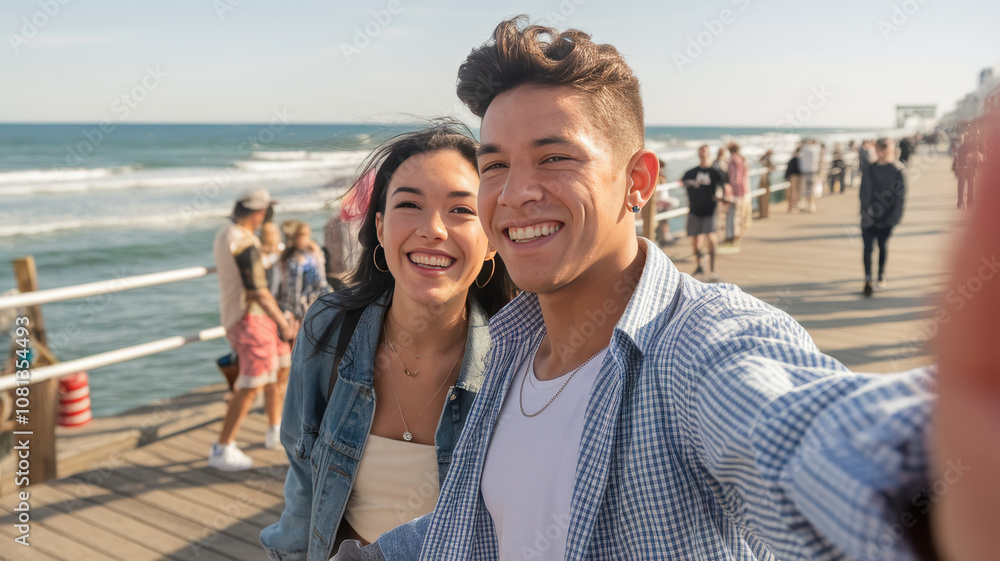 Obraz premium A joyful Hispanic couple captures their fun moment with a selfie on a sunny day at the beach pier, with the ocean waves and bustling crowd in the background.