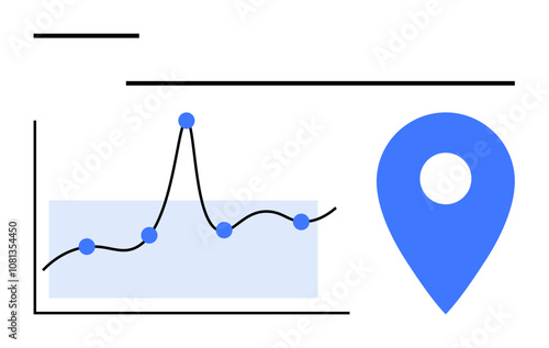 Graph with fluctuating data points and large blue map pin. Ideal for data analysis, tracking, navigation, business forecasting, technology, career growth, strategic planning. Line metaphor