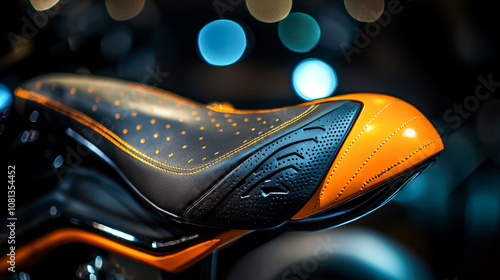 Close-up of a black and orange motorcycle seat. photo