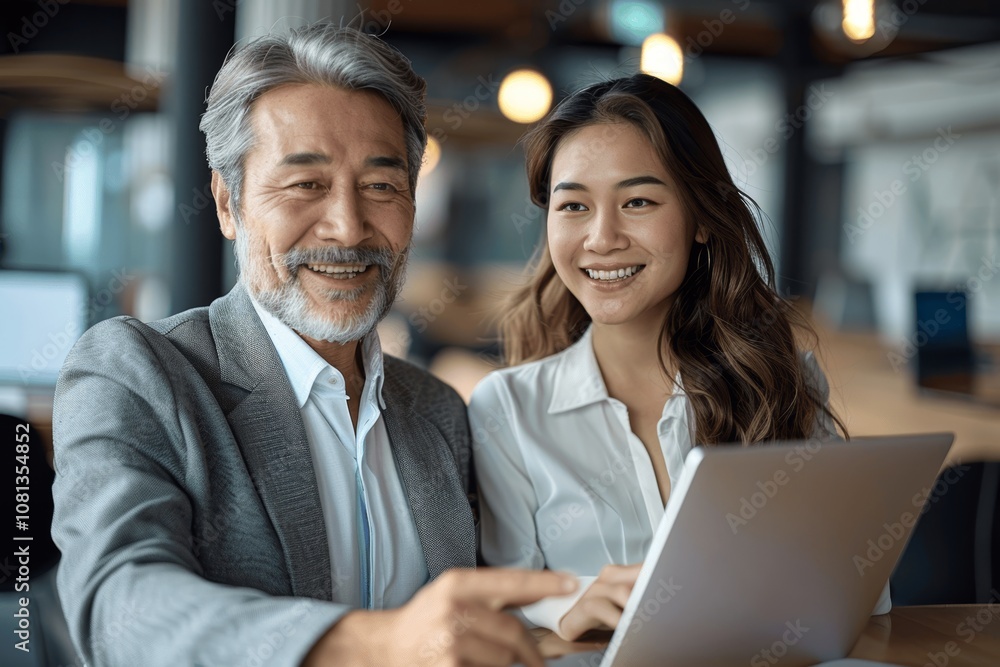 Middle-aged businessman and young Asian woman collaborating in modern office using digital tablet and laptop discussing documents Middle-aged businessman and young Asian woman collaborating in modern office using digital tablet and laptop discussing documents