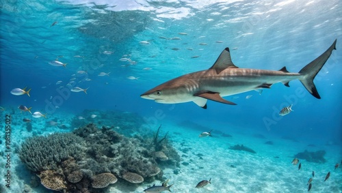 Aerial View of a Shark Swimming Gracefully Over Coral Reefs in the Bahamas During Clear Waters. Generative AI