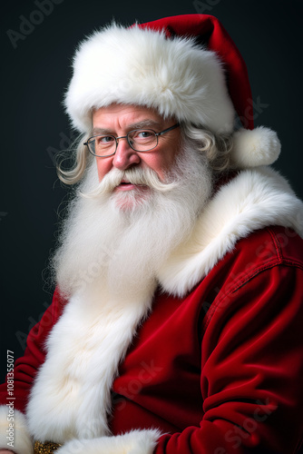 A cheerful figure dressed as Santa Claus poses warmly, showcasing a flowing white beard and traditional festive attire, embodying holiday spirit - Generative AI