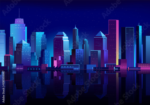 Futuristic cityscape on a dark background with water reflex and glowing neon purple and blue lights.