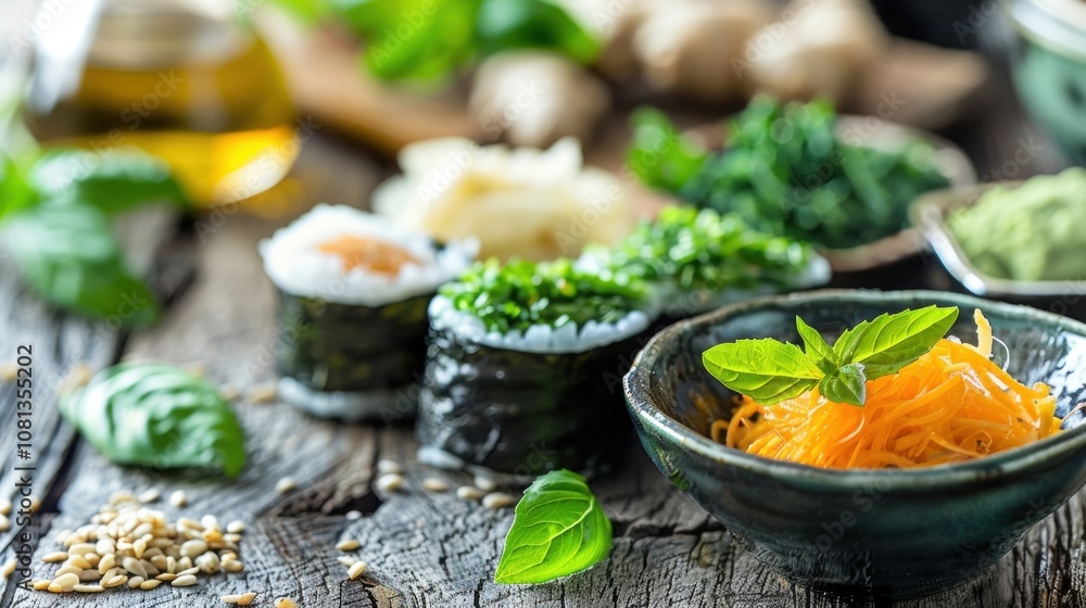 An assortment of fresh herbs and es including wasabi and ginger ready to add a kick of flavor to the sushi rolls. An assortment of fresh herbs and es including wasabi and ginger ready to add a kick of flavor to the sushi rolls.