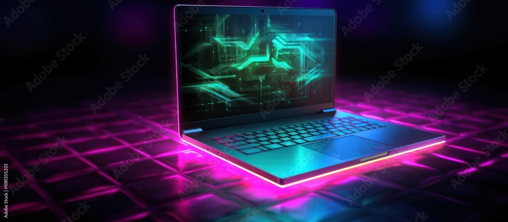 Modern laptop with glowing green and pink lights on black surface. Modern laptop with glowing green and pink lights on black surface.
