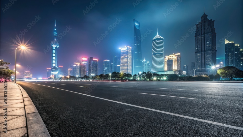 Fototapeta premium Modern City Skyline at Night With an Empty Asphalt Road in an Urban Landscape. Generative AI