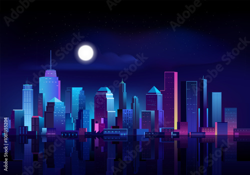 Futuristic cityscape on a dark background with water, full moon,  glowing neon purple and blue lights.