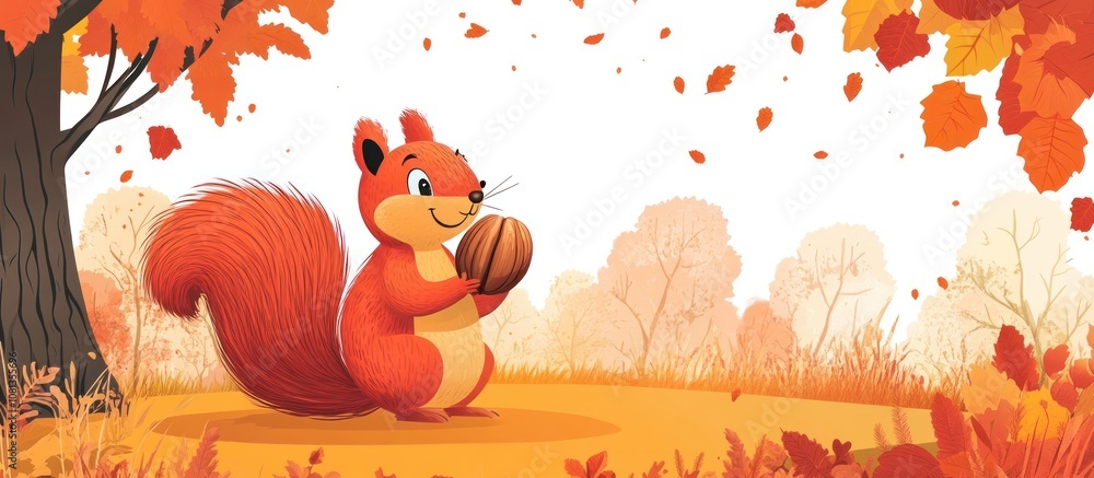 Cute vector of a squirrel holding a nut, autumn colors, friendly style Cute vector of a squirrel holding a nut, autumn colors, friendly style