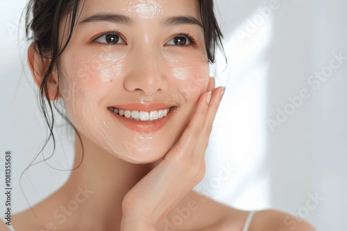 Woman with Healthy Skin Smiling and Touching Face in Skincare Ad