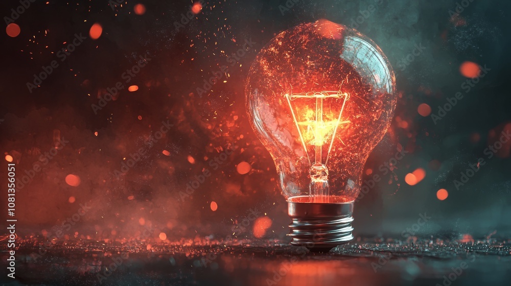 Artistic Image of Glowing Light Bulb with Red Sparks Artistic Image of Glowing Light Bulb with Red Sparks