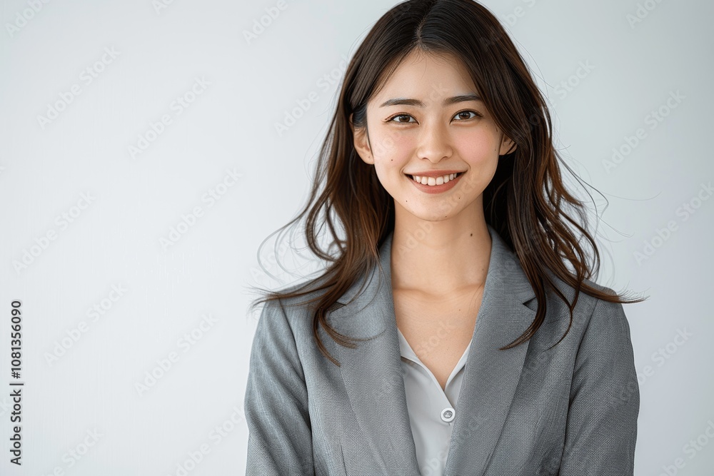 Young Japanese Business Woman Smiling in Gray Suit Standing on White Background Young Japanese Business Woman Smiling in Gray Suit Standing on White Background