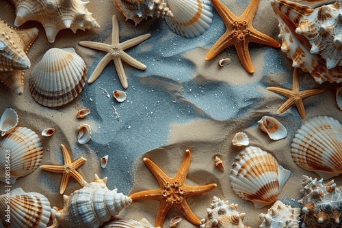 Aesthetic Summer Beach with Seashells and Starfish Top View on Beige Sand Natural Coastal Background