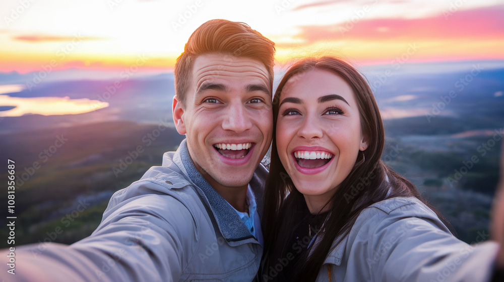 A cheerful young Caucasian couple smiles broadly as they take a selfie at sunset, surrounded by stunning mountain landscapes.