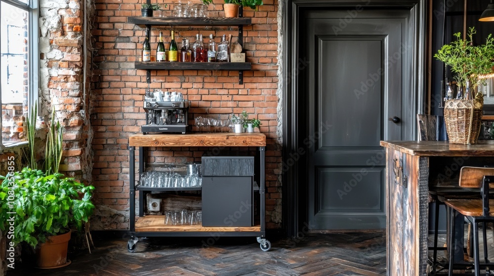 Modern Industrial Cafe Interior with Coffee Station Modern Industrial Cafe Interior with Coffee Station