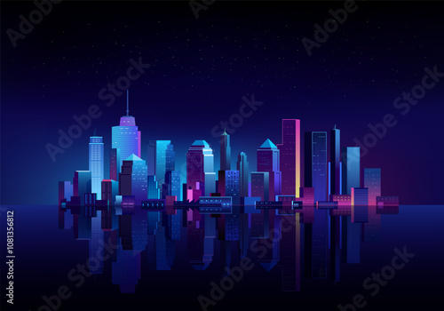 Futuristic cityscape on a dark background with water reflex and glowing neon purple and blue lights.