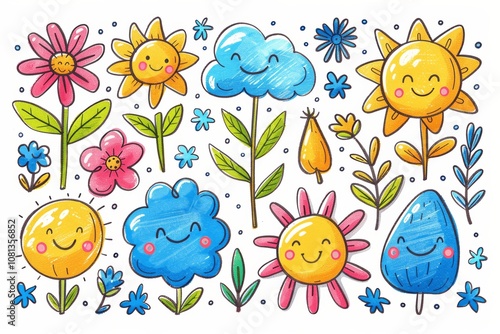 Cute Vector Doodle Icons - Hand Drawn Line Art of Groovy Flowers, Smiley Suns, Funny Cartoon Characters, Abstract Stickers, and Graphic Elements for Branding, Advertising, Posters, and Banners