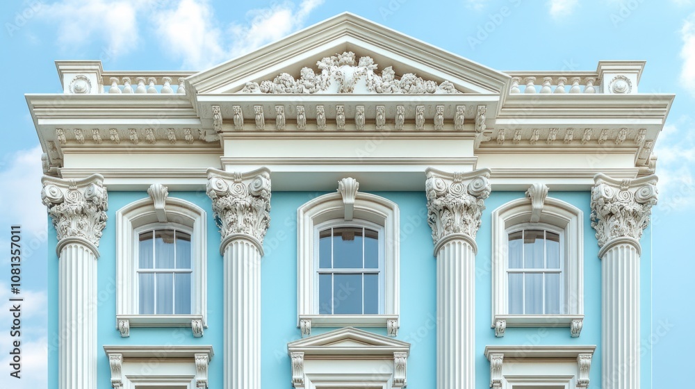 Obraz premium Ornate blue building facade with classical architectural details.