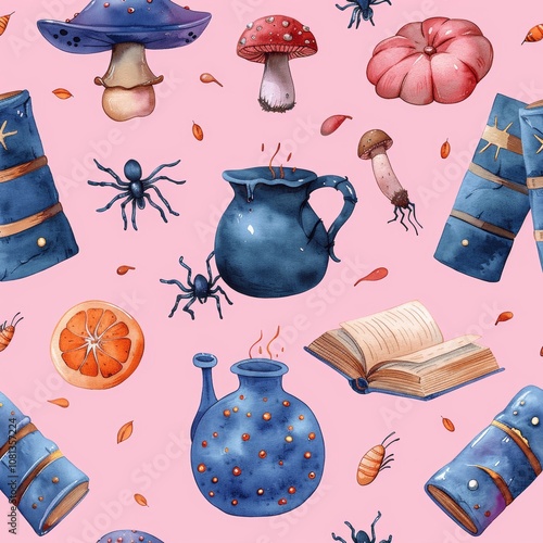 Watercolor Halloween Pattern: Cauldron Pot, Books, Mushrooms, Spider, Pink Background photo