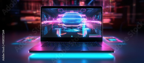 Open laptop with neon glowing screen showing a futuristic racing game, on a desk with glowing lights.
