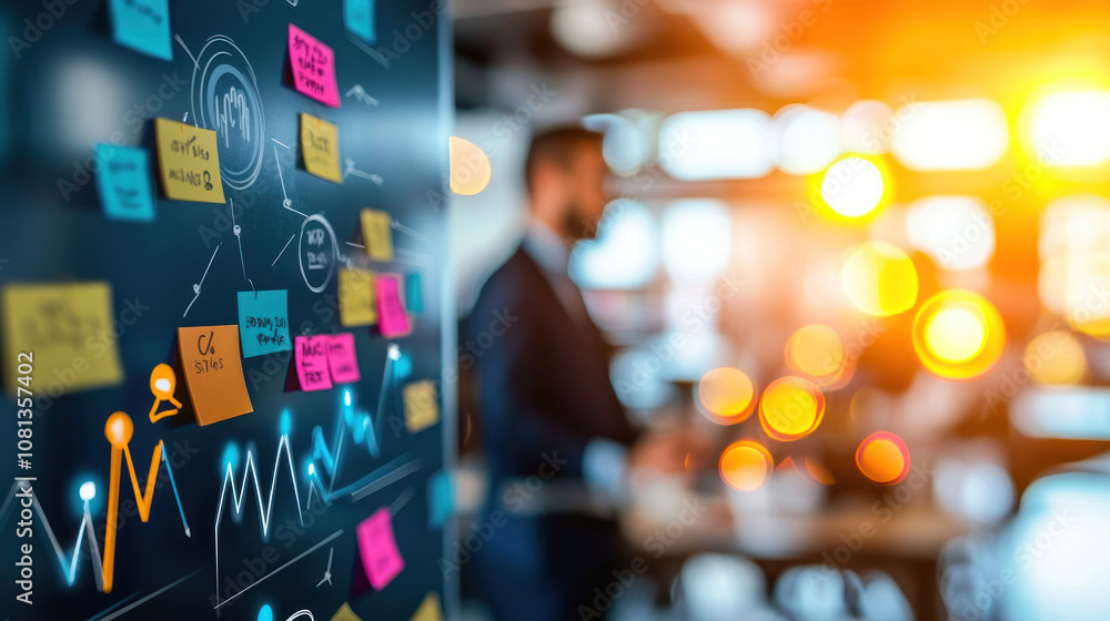 Fototapeta premium Business strategy board with colorful notes and graphs, showcasing teamwork