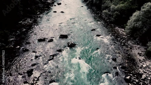 rone flight over river with strong current