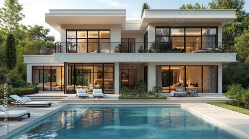 Wallpaper Mural luxury villa with multiple balconies, swimming pool, and expansive windows, placed on a white background. Torontodigital.ca