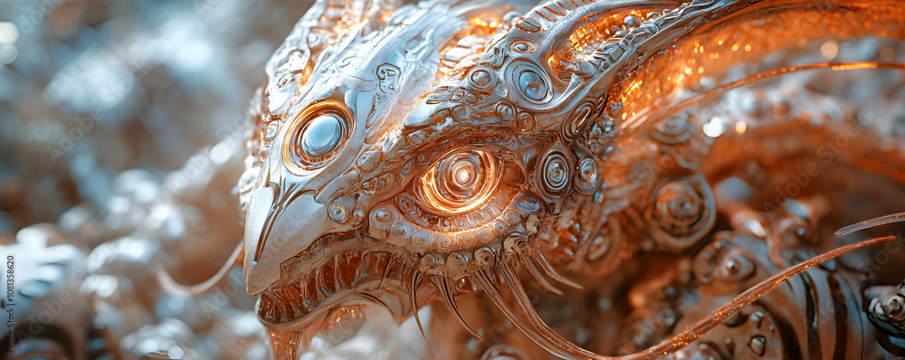 Fototapeta premium Close-up of a Metallic Dragon's Head with Glowing Eyes, a Detailed 3D Render with an Abstract, Biomechanical Style