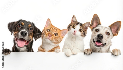 Fototapeta Naklejka Na Ścianę i Meble -  Adorable Dogs and Cats With Paws up in Playful Poses Against a Bright White Background. Generative AI