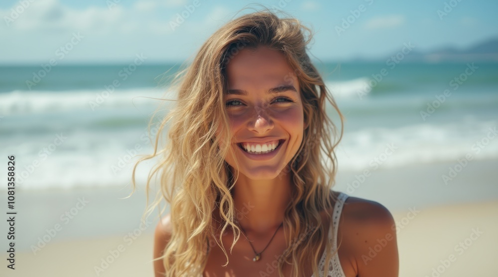 Happy Young Woman Enjoying a Sunny Day at Jurere Beach in Florianopolis, Santa Catarina Island. Generative AI Happy Young Woman Enjoying a Sunny Day at Jurere Beach in Florianopolis, Santa Catarina Island. Generative AI