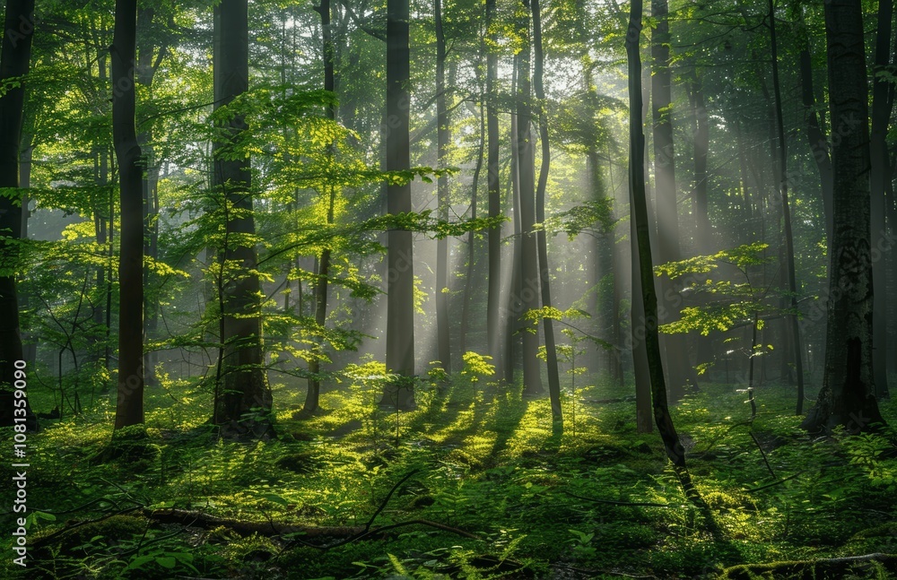 Sunlit Spring Forest with Mist and Beech Trees Sunlit Spring Forest with Mist and Beech Trees