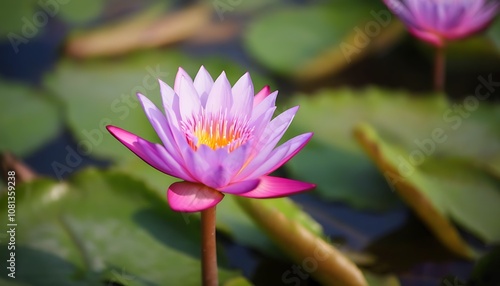 Blooming pink lotus displays natural beauty on a serene water surface. photo