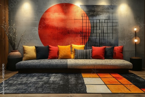 Japandi style eco-friendly living room with colorful pillows and abstract art accent wall photo