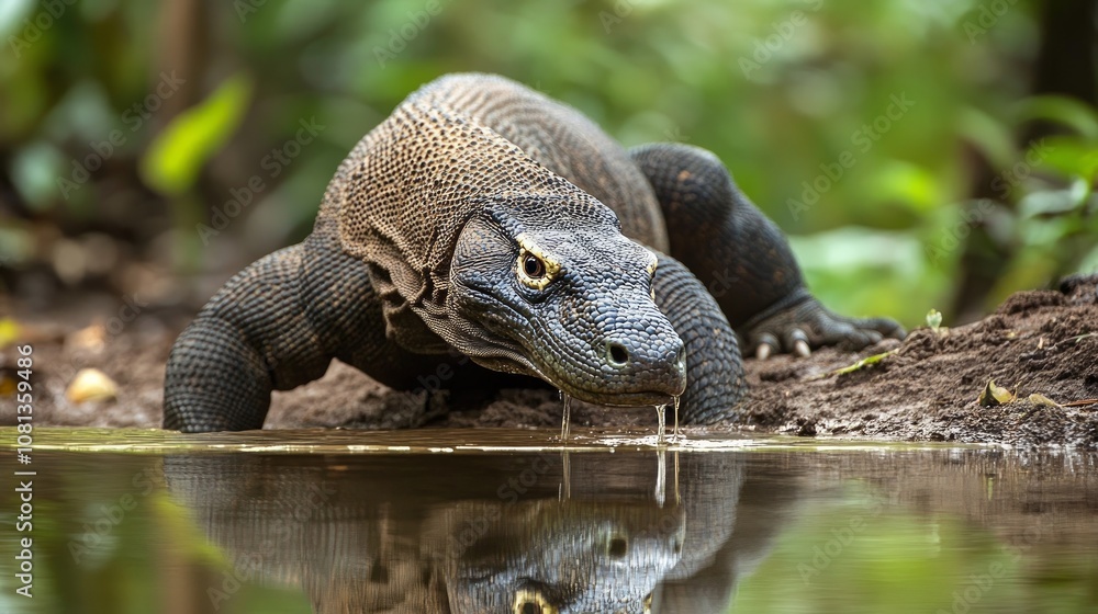 Obraz premium A Komodo dragon, a large lizard native to Indonesia, drinks water from a puddle in a lush green forest.