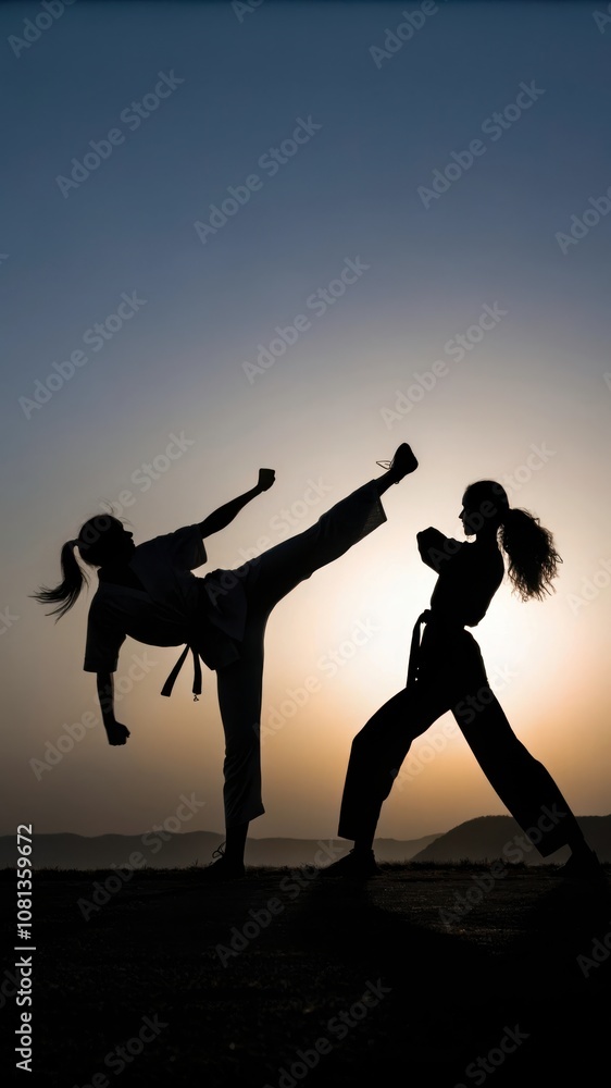 Silhouette of a Woman Performing a Kicking Pose Against a Sunset Backdrop in a Martial Arts Setting. Generative AI Silhouette of a Woman Performing a Kicking Pose Against a Sunset Backdrop in a Martial Arts Setting. Generative AI